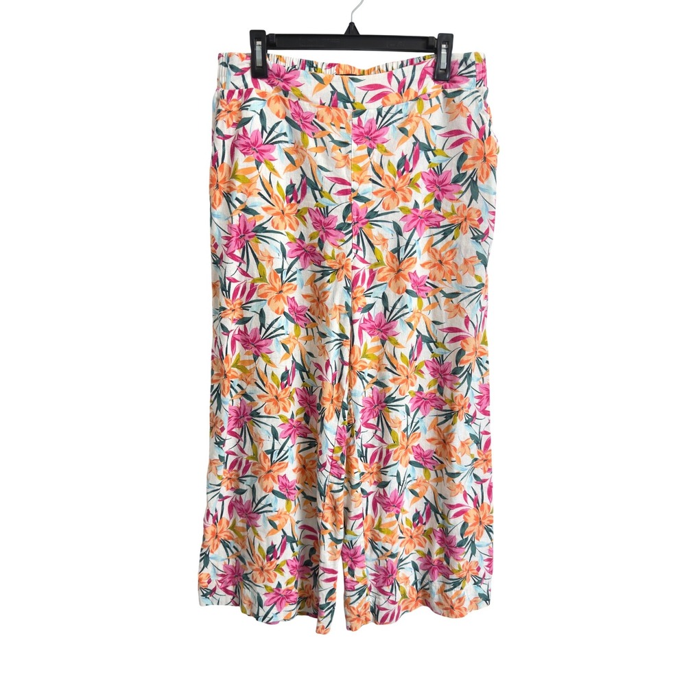 Jessica Simpson Women's M Floral Wide Leg Linen Blend Crop Pants Pink Tropical